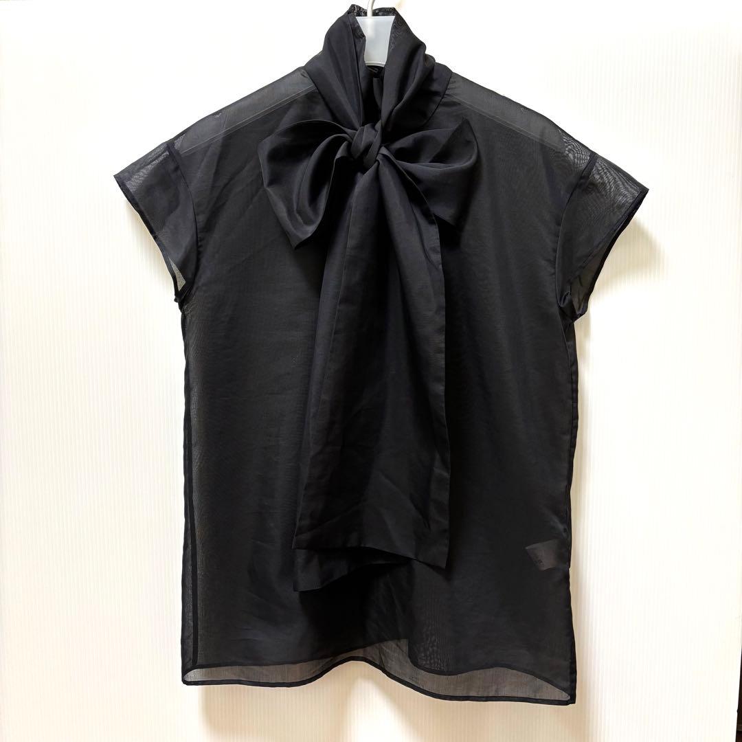 ウィムガゼット】リボン ボウタイ シアー ブラウス ブラック フレンチ