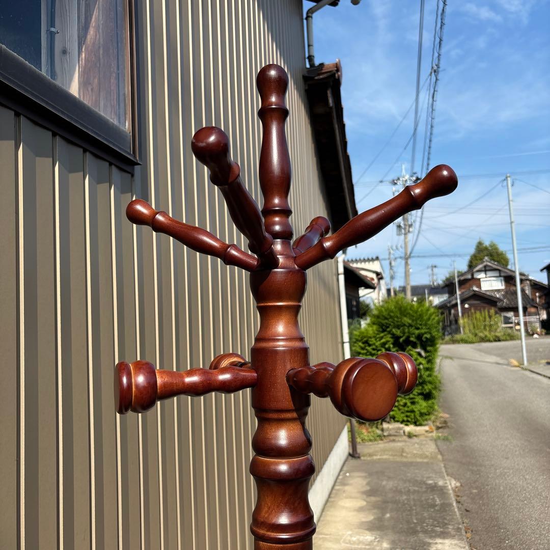 昭和レトロポールハンガー茶色木製コートラック ダークブラウン高さ188cm