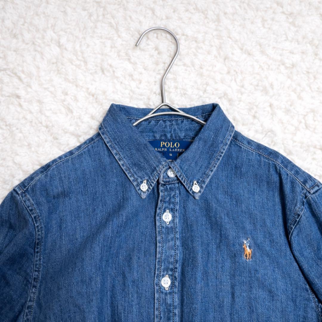 美品 ラルフローレン デニムシャツワンピース ベルト ポニー刺繍 S相当