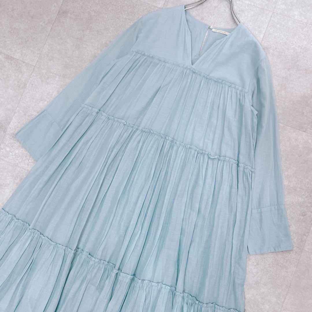美品✨ ヌキテパ コットンボイル ティアード ワンピース マキシ丈 水色