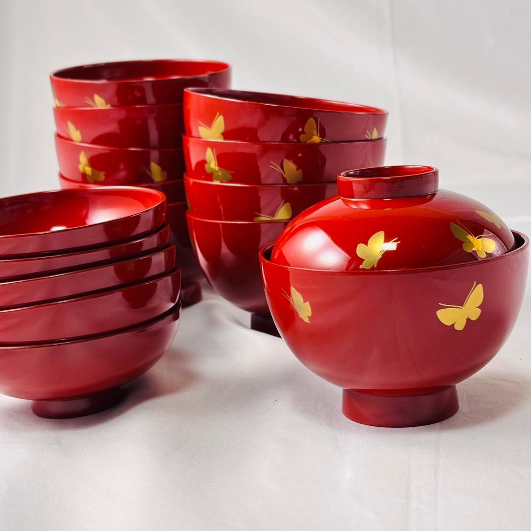 美品 森英恵 しっきシック 蓋付汁椀 小吸椀 赤 蝶 10客 箱付 金蝶々 2