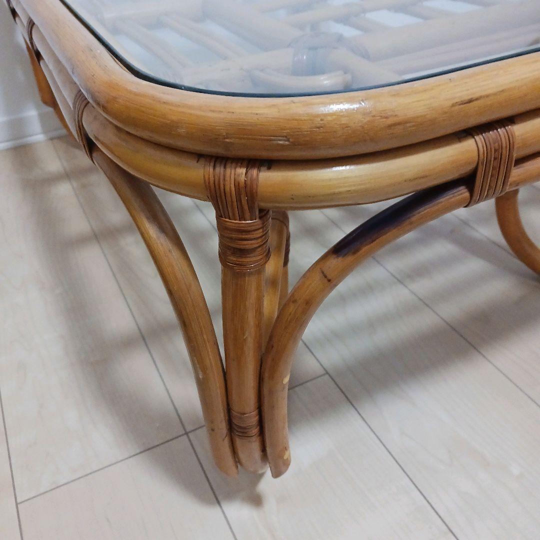 昭和レトロ ラタンガラステーブル 籐家具 - メルカリ