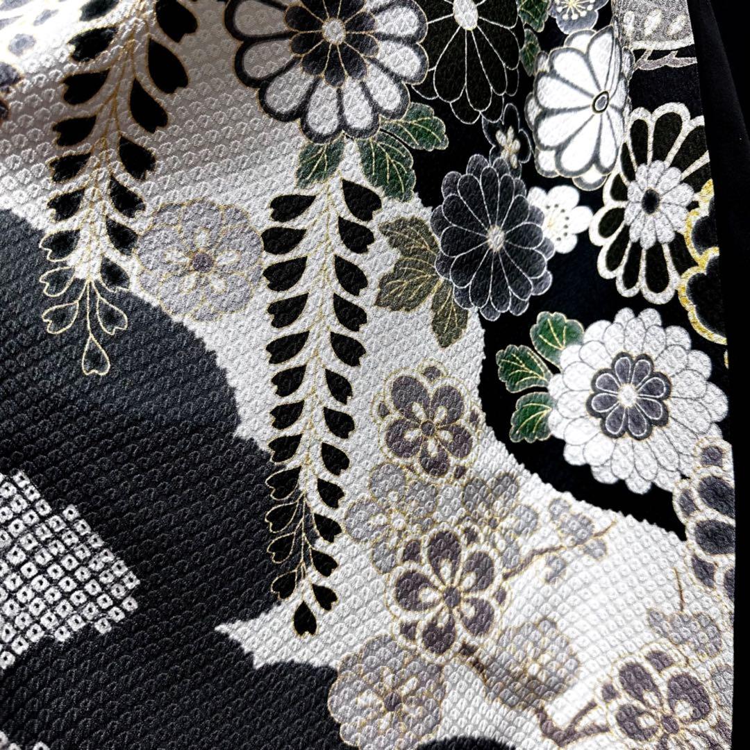 振袖 着物リメイク ドレス 黒×菊や桜や藤の花 和柄 ワンピース