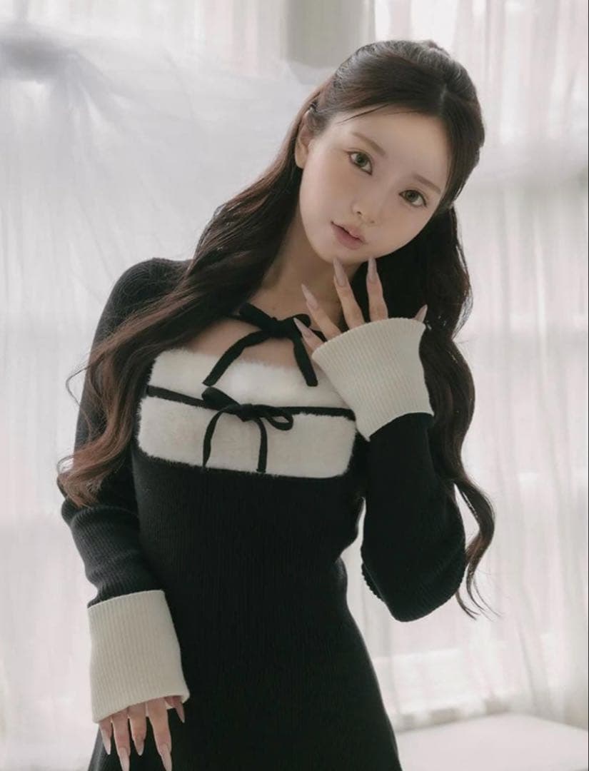 【正規品】Darich リボンファーフレアニットミニワンピース FREE ダーリッチ Darich リボンファーフレアニットミニワンピース