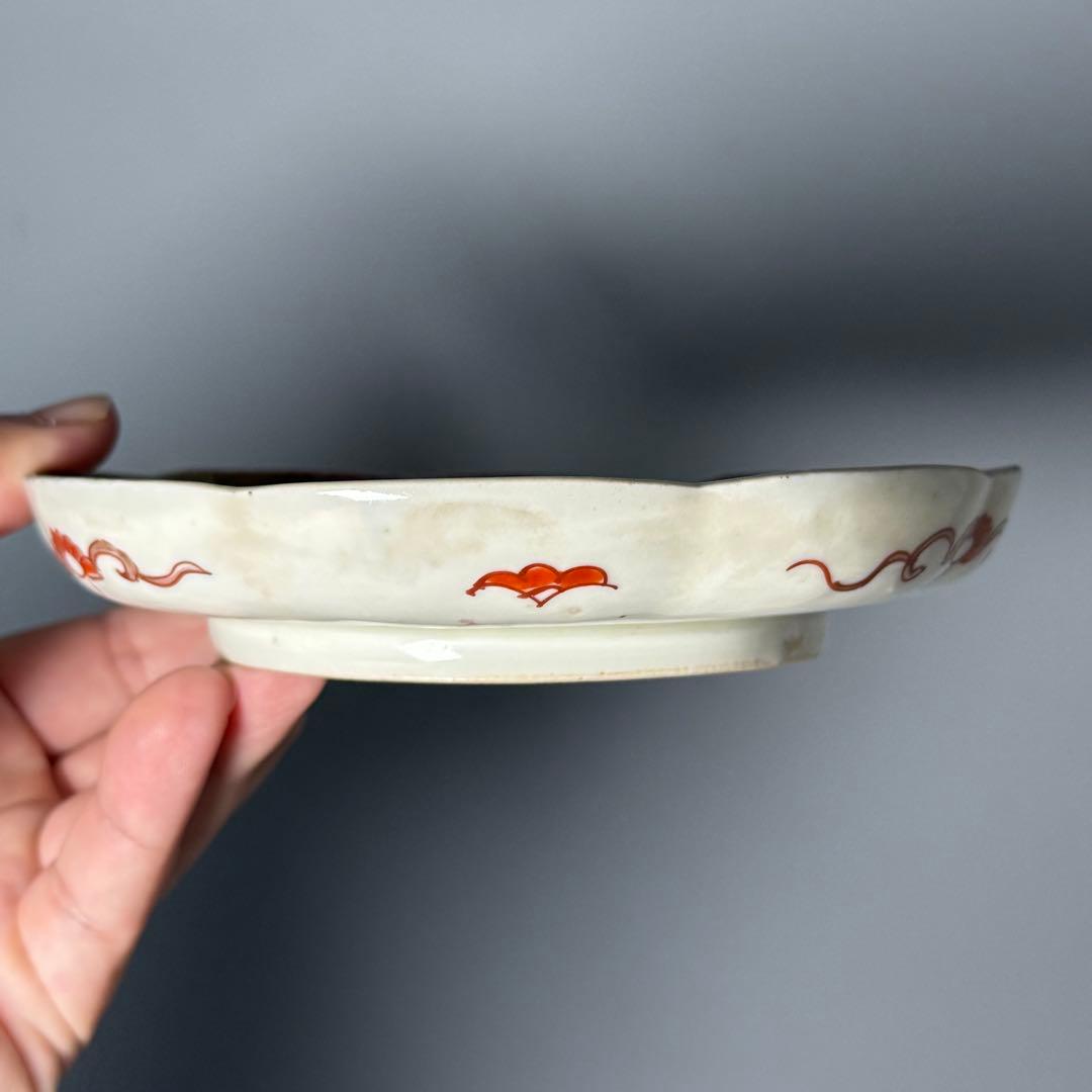 古伊万里　錦手　色絵鷺扇子文様輪花形皿　8枚　1700年代後期　15.5cm