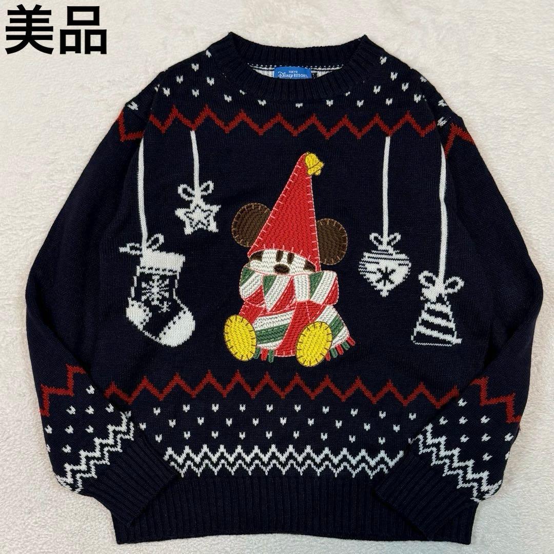 美品 ディズニーリゾート2023 リルリンリンセーター ミッキー M~L 紺 新品タグ付】ディズニークリスマス リルリンリン セーター 紺 2023