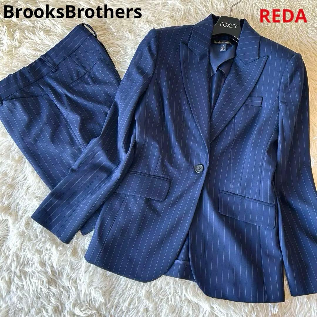 最高級　BrooksBrothers×REDA ストライプ　パンツスーツ M 紺 ウール ナローストライプ シングル2釦 スーツ Classic | Brooks