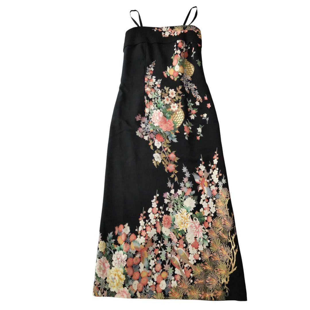 黒留袖リメイク　花鳥柄金刺繍ロングワンピース　ドレス 着物リメイク 黒留袖ドレス 金とプラチナ 鳳凰 ギャザースリーブ