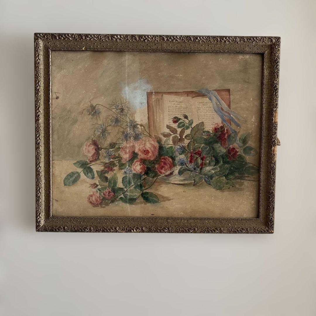 フランスアンティーク 水彩画 薔薇 フランス水彩画 『薔薇のある風景』 - 薔薇と天使のアンティーク