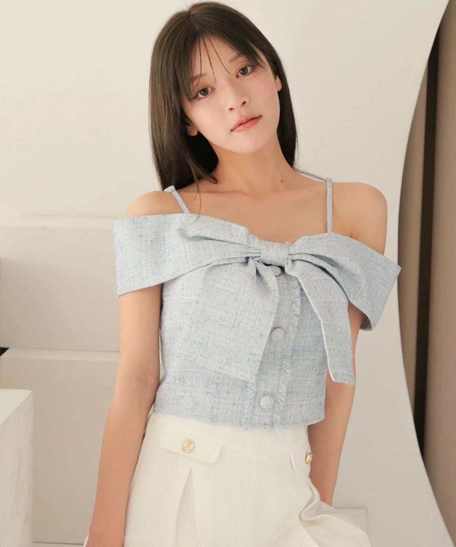 新品未使用LIP SERVISEツイードリボンオフショルトップス ブルー リップサービス LIP SERVICE ツイードリボンオフショルトップス