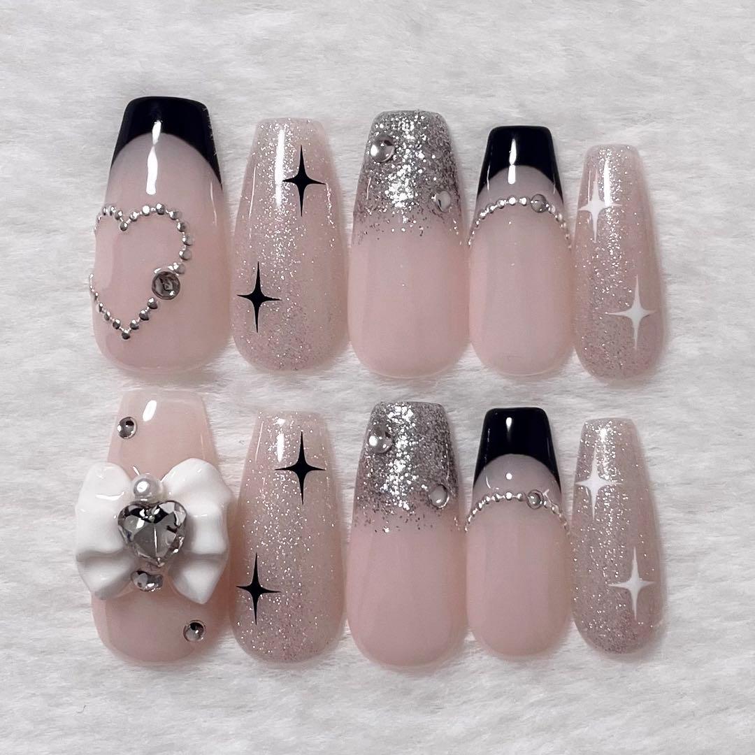 現品】韓国 ワンホン 量産型 オタク フレンチ キラキラ ネイルチップ