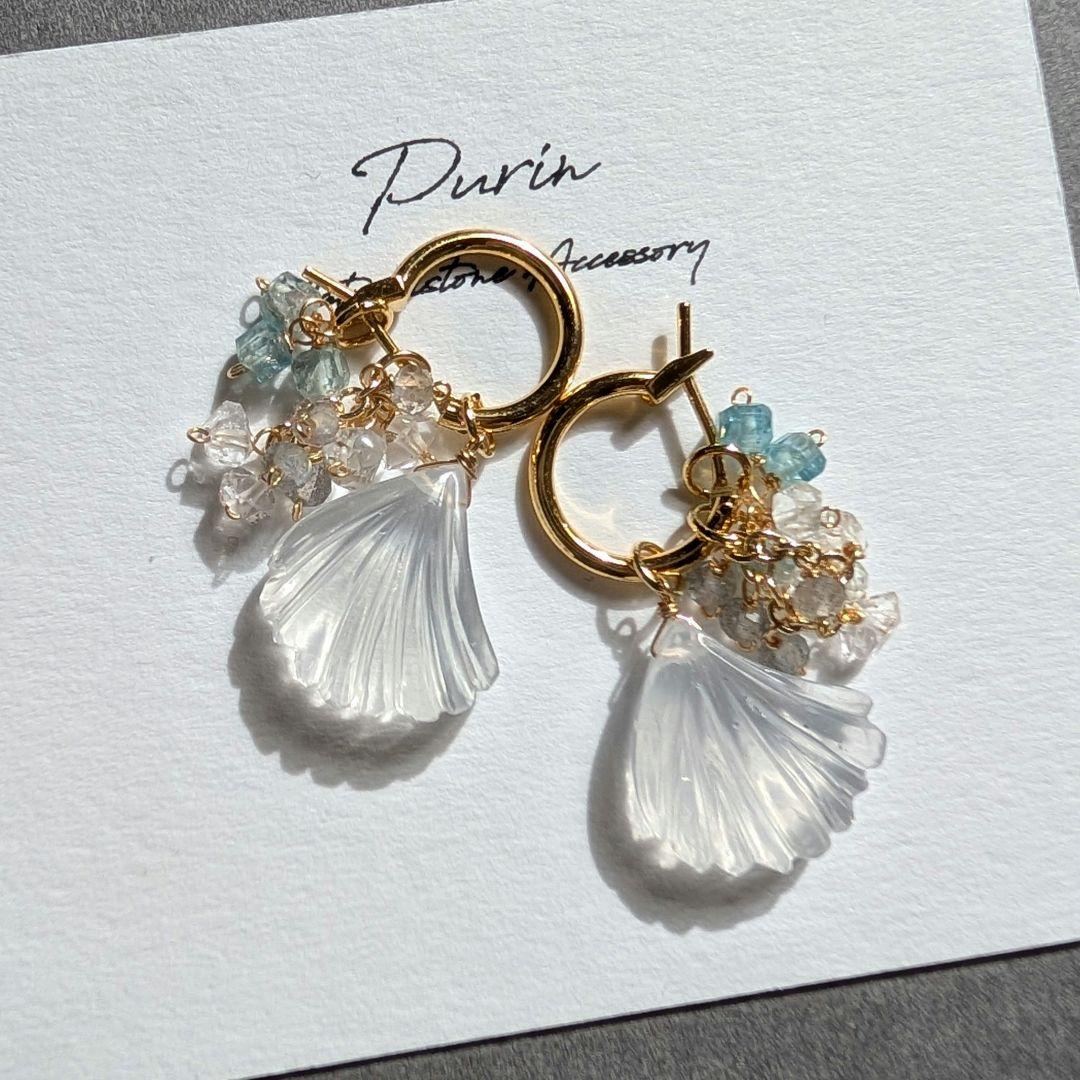 mn様 アイスクォーツ 銀杏カービング フープピアス