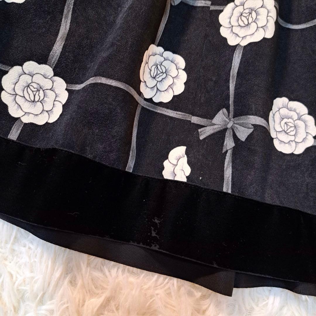 高級✨エムズグレイシー スカート 花柄 ベロア 38 長袖 黒 リボン M
