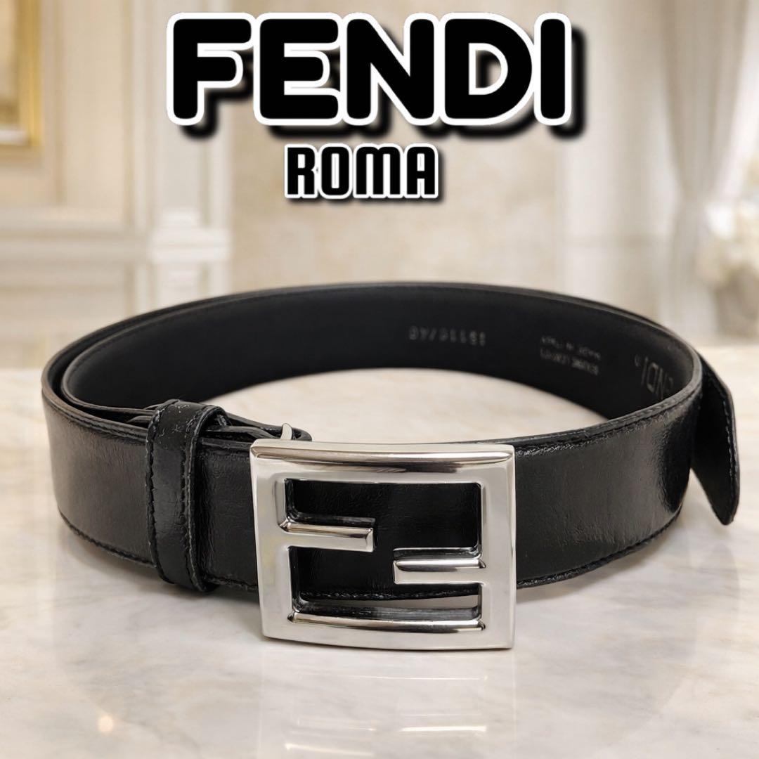 良品フェンディ ベルト レザー ブラック×シルバー FF ロゴ 革 ズッカ