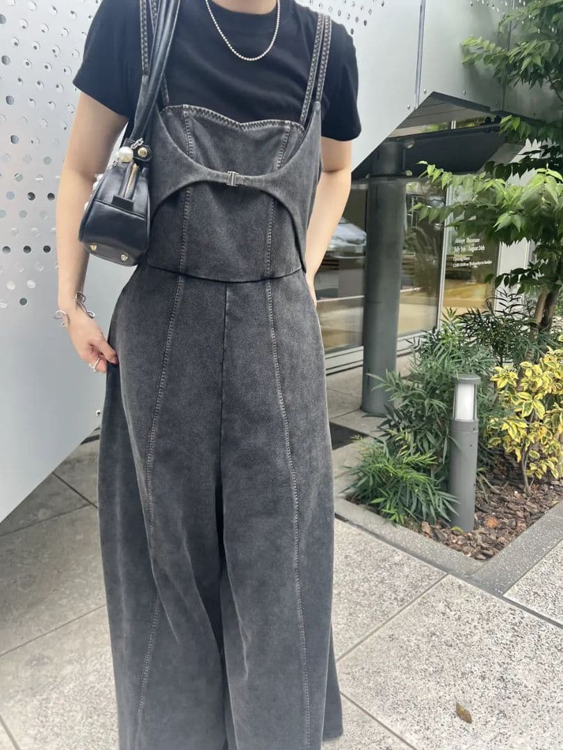 DENIM LIKE VOLUME CAMI ROMPERS AMERI