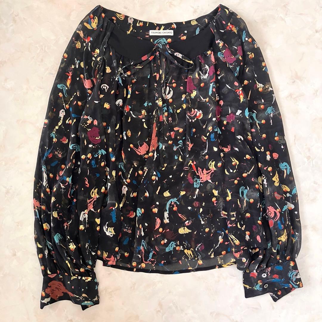 ツモリチサト ドロッププリントシフォンシャツ シルク100% 総柄 サイズ