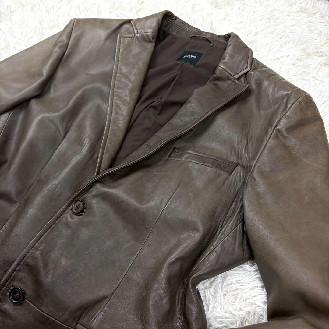XXL相当 HUGO BOSS テーラードジャケット ラムレザー ブラウン系