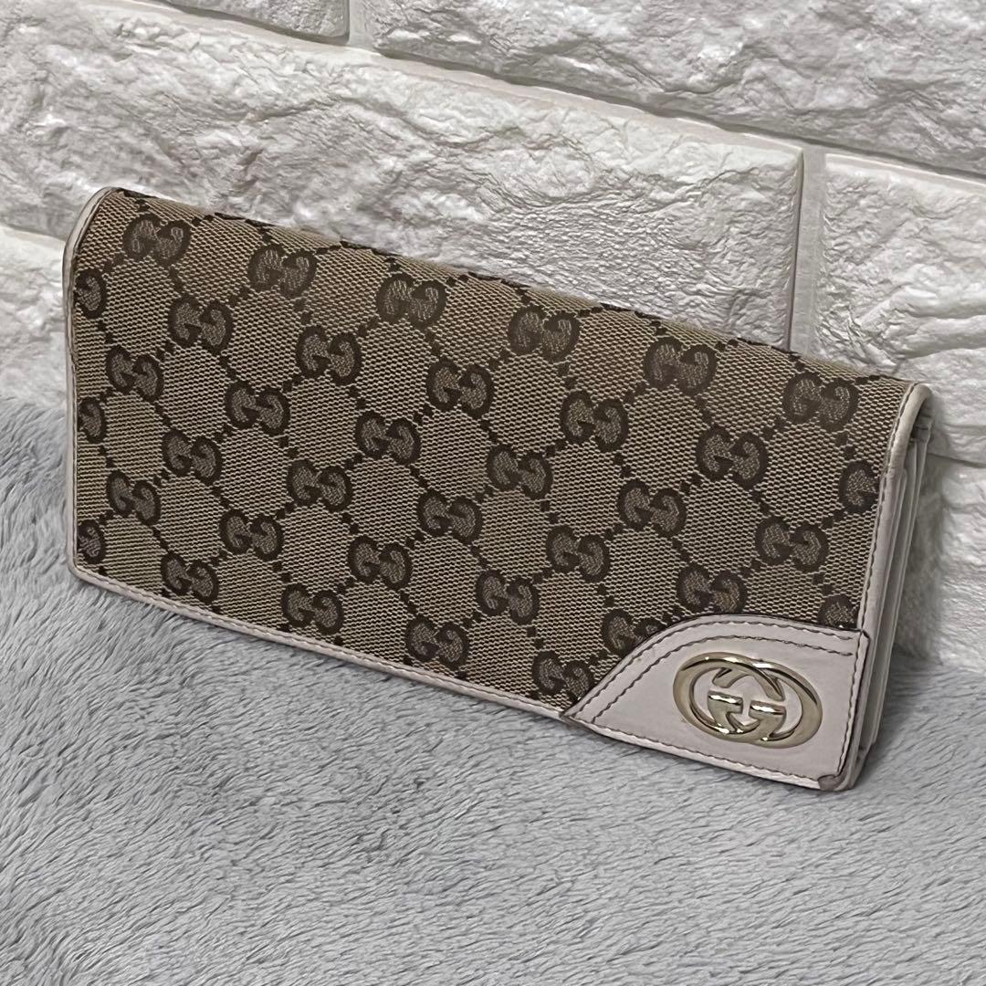 人気✨GUCCI グッチ 二つ折り長財布 GG柄 キャンバス レザー ベージュ系 GUCCI（グッチ） 長財布 二つ折り GGキャンバス レザー Wホック ロゴ