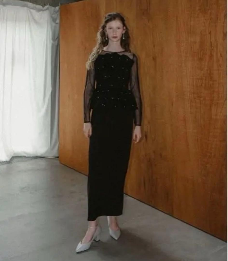 Et.UNiVER 黒 シースルー長袖 ペプラムドレス L