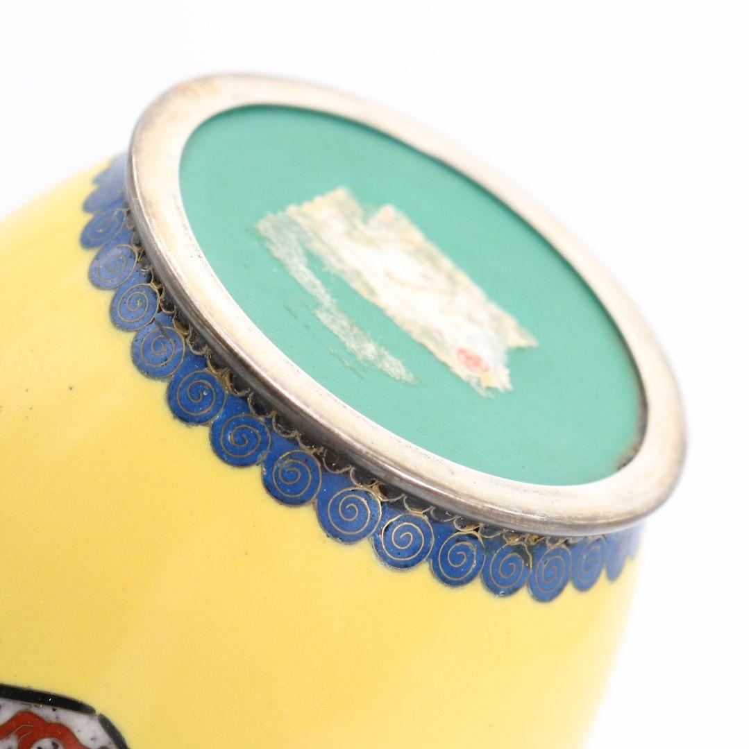 七宝焼 銀覆輪 唐草鳳凰龍図 花瓶 純銀刻印 唐木台座 V505 DC2