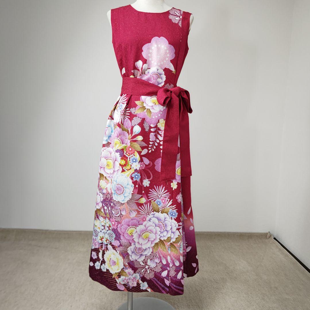 zunezune 振袖ドレス ノースリーブ 着物リメイクワンピース 赤 zunezune 振袖ドレス ノースリーブ 着物リメイクワンピース 赤橙