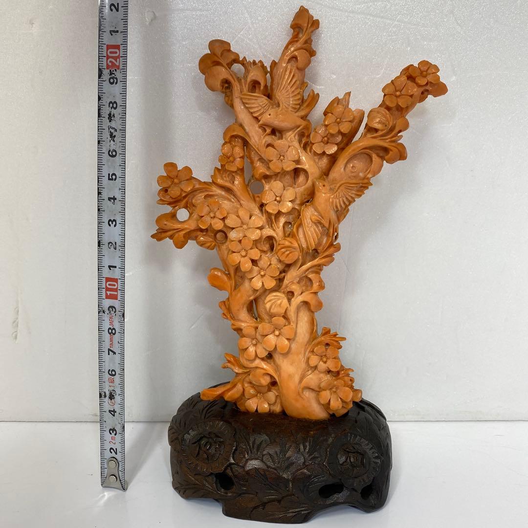 極太赤珊瑚置物台込高さ23㎝/453g 東Y7-0312☆2F