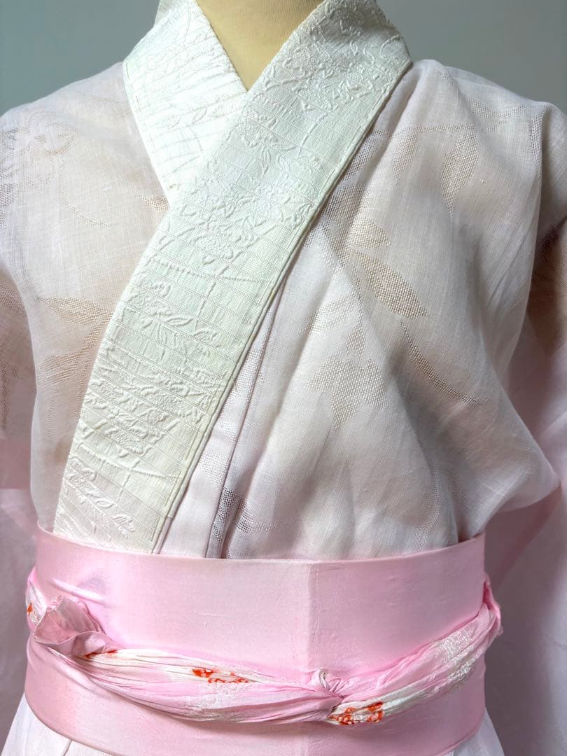 本麻 ピンク 夏用 長襦袢 未使用 絽半衿付 裄61.5（＋4.5）
