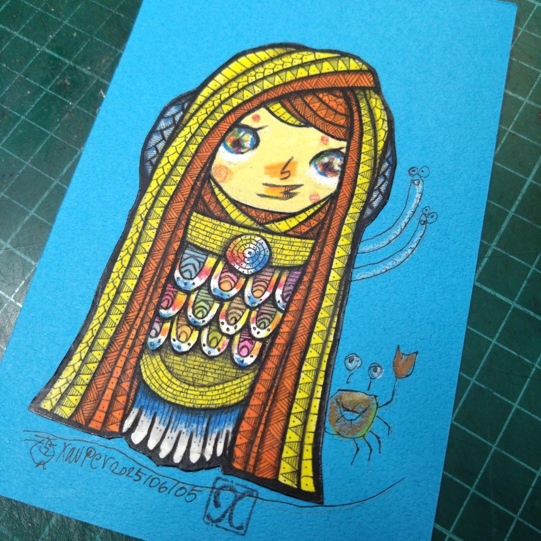 【ザビちゃん】【原画肉筆】疫病退散・アマビエさま・巫女さま風 ザビちゃん】【原画肉筆】疫病退散・アマビエさま・巫女さま風