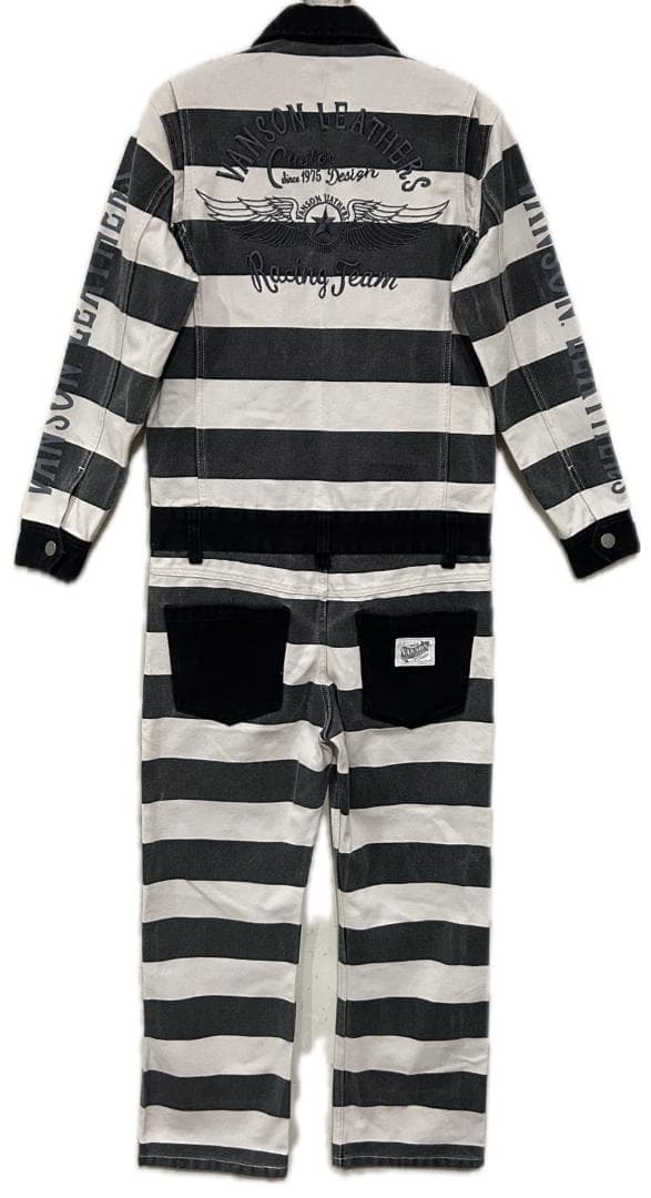 VANSON バック刺繍 囚人 ボーダー つなぎ オールインワン バイカー S