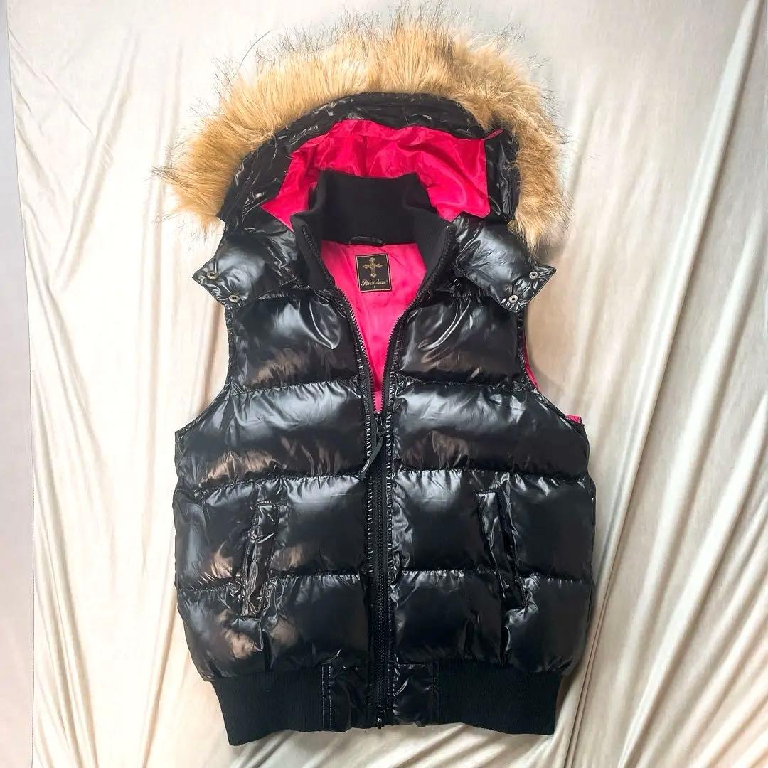 グランジy2k平成ギャル ファーフード付き ダウンベスト L 黒 短丈