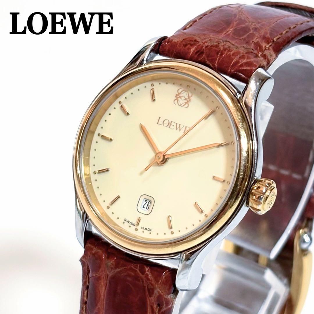 稼働品 LOEWE レディース腕時計 アナグラム デイト コンビ 純正ベルト LOEWE（ロエベ） ベルト ANAGRAM アナグラム 3.5CM E619Z20X04
