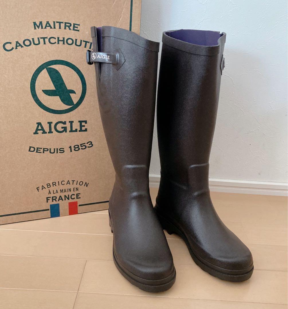 AIGLE ダークブラウン ロングレインブーツ 37 - メルカリ