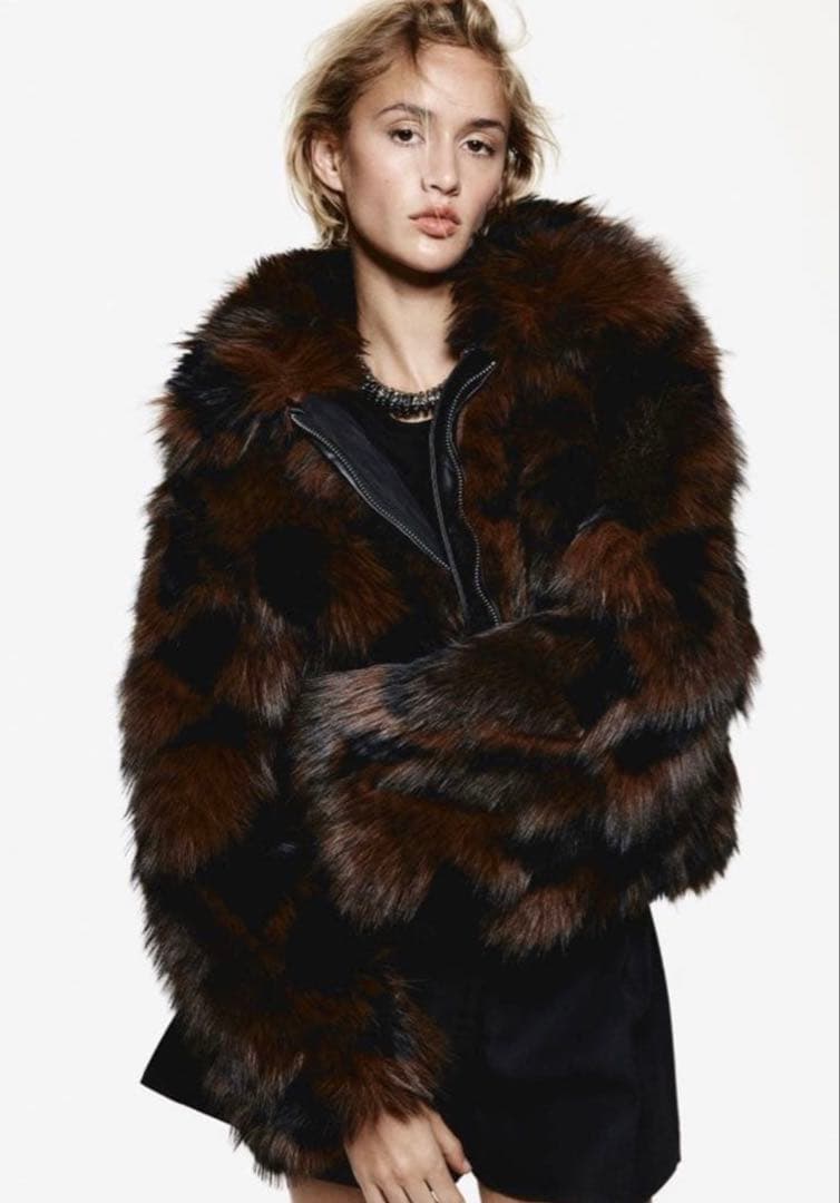 H&M フラッフィジャケット ダークブラウン パターン S