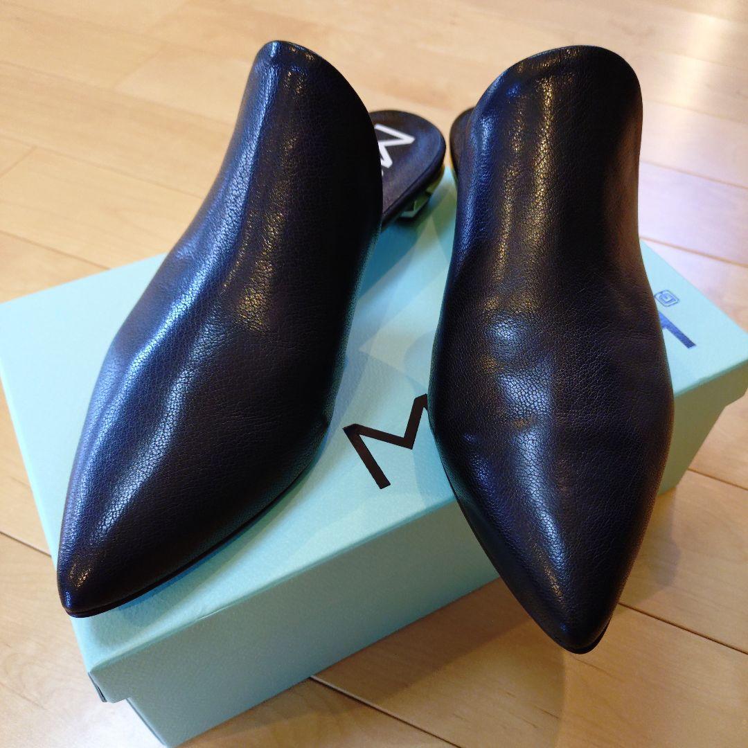 MANA ブラック ポインテッドトゥ ミュール MANA（マナ） 靴 ミュール レディース 本革 牛革 ハラコ ポインテッド