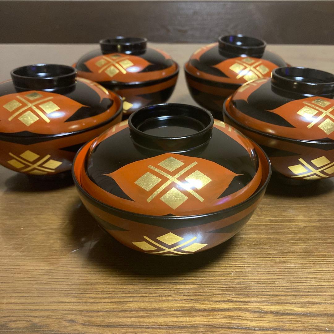 漆器 秀衡塗 翁知屋 黒内朱 蓋付き碗 汁椀 五客 セット - メルカリ