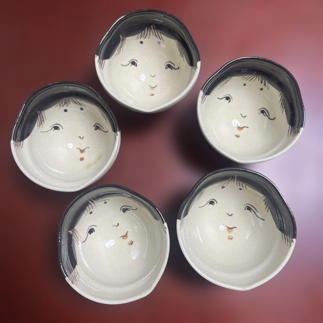 お福さんの小鉢 お多福 湯呑み 茶碗 清水焼 京焼 5客セット 節分