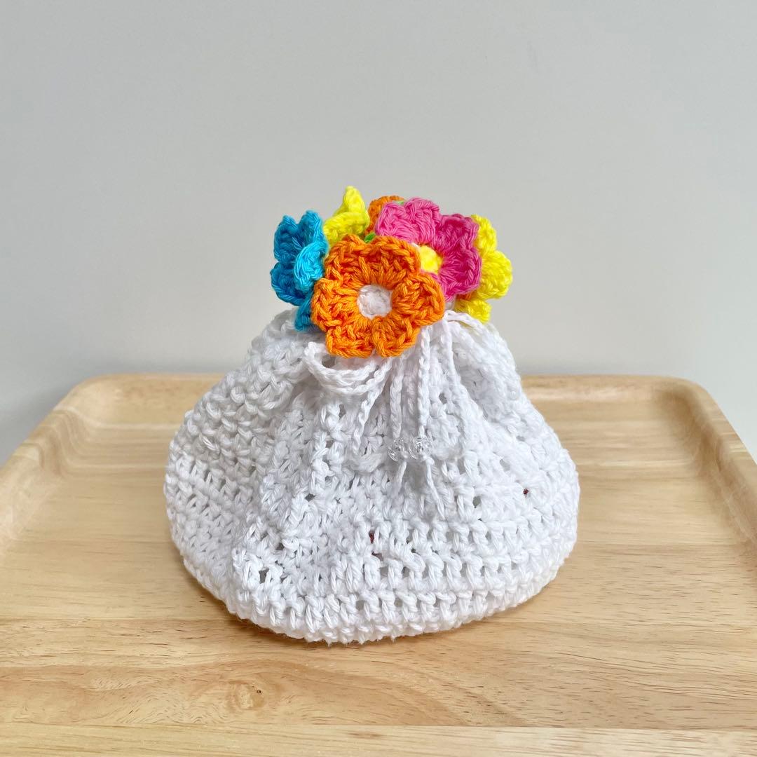 花 巾着ポーチ かぎ編み ハンドメイド 編み物 花束 ブーケ - メルカリ