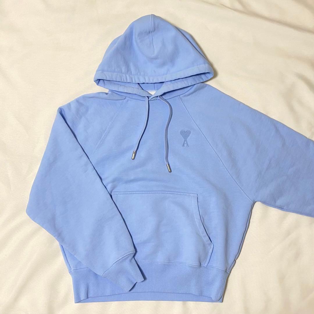 AMI PARIS アミパリス フード パーカー ハート ロゴ 刺繍 S ブルー