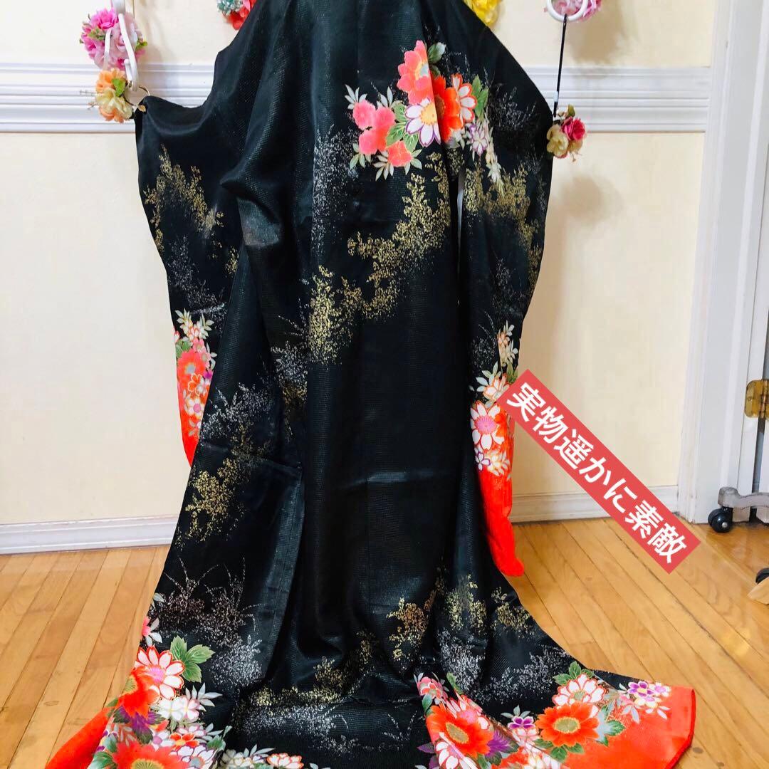 七五三七歳❣️豪華黒地ラメ花々金彩⭐︎正絹全通袋帯