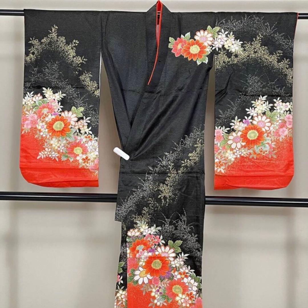 七五三七歳❣️豪華黒地ラメ花々金彩⭐︎正絹全通袋帯