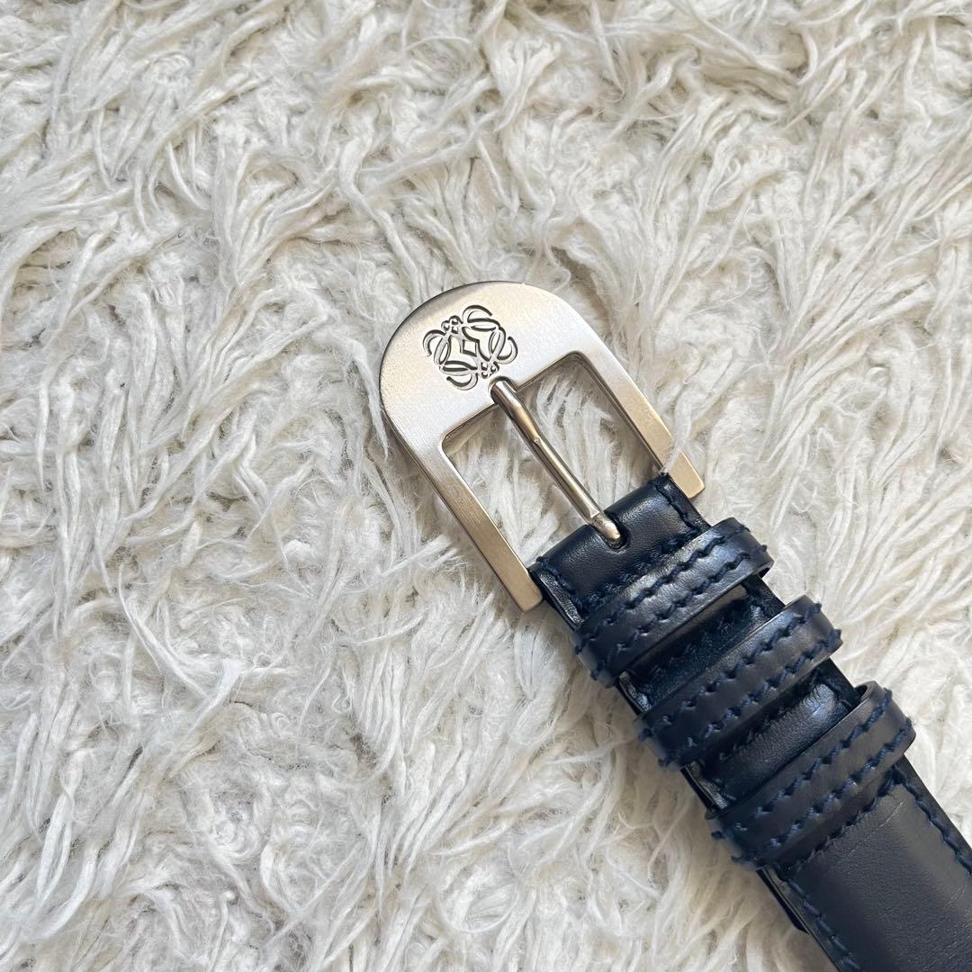 美品 ロエベ LOEWE アナグラム シルバー×ネイビーレザーベルト 3穴