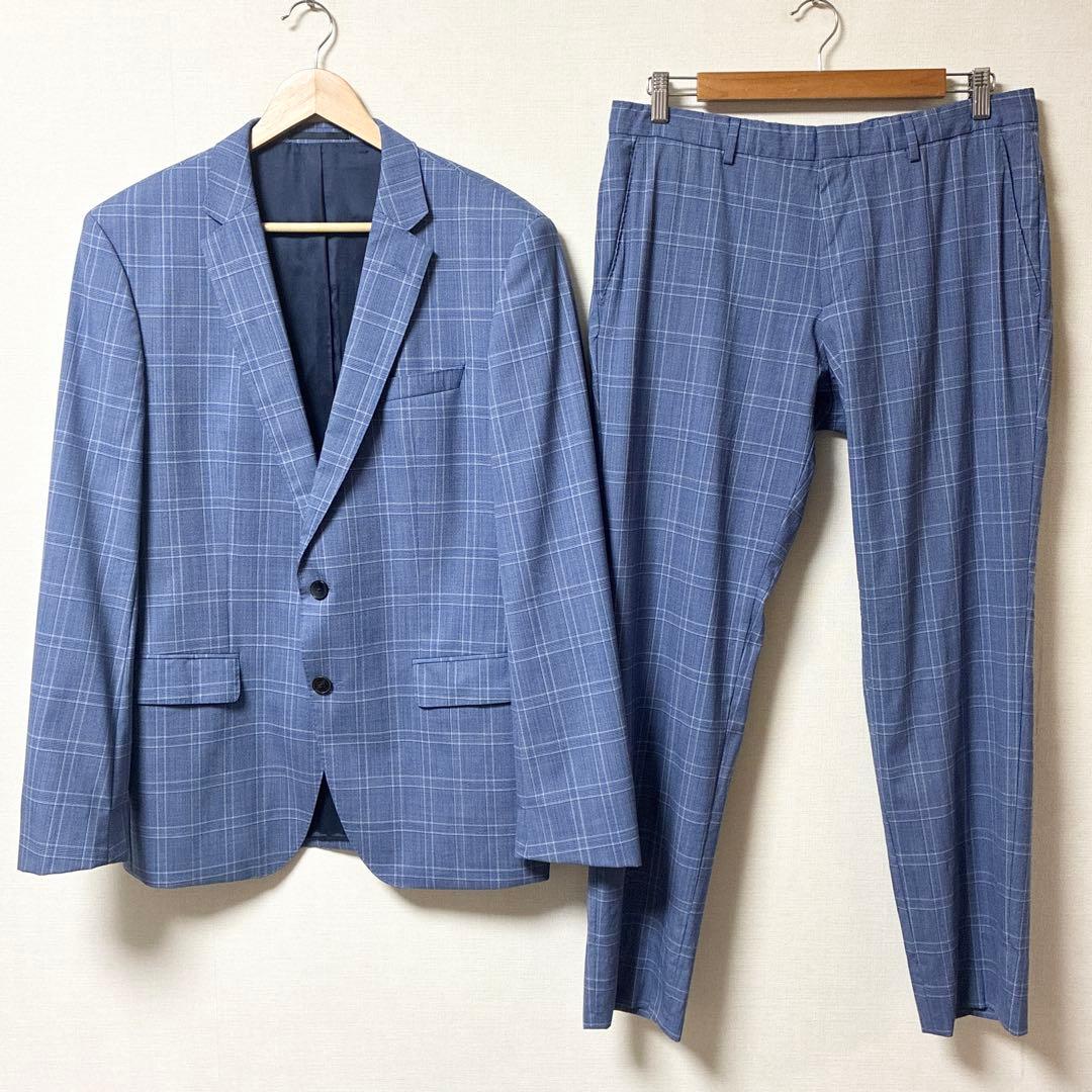 美品 現行タグ ヒューゴボス カルロバルベラ セットアップスーツ 青 チェック 美品 現行タグ ヒューゴボス カルロバルベラ セットアップスーツ 青