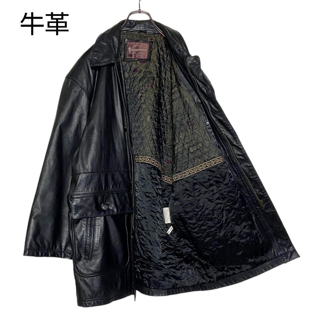 レトロ古着 牛革レザージャケット ハーフコート 黒 L革ジャン