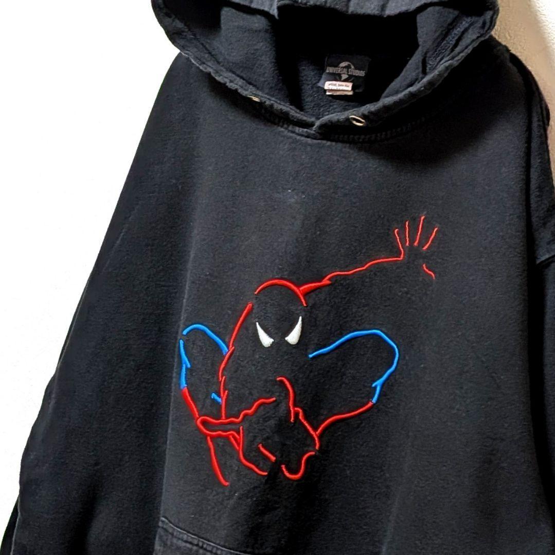 ユニバーサルスタジオ スパイダーマン刺繍 スウェットパーカーブラック