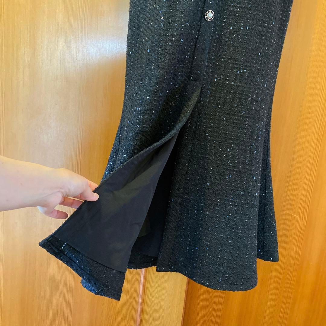 Leja】ラメ混ツイードレザーパイピングマーメイドロング丈ドレス