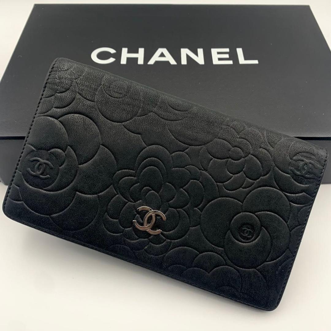 鑑定済み シャネル 長財布 カメリア 二つ折り ココマーク 金具 レザー