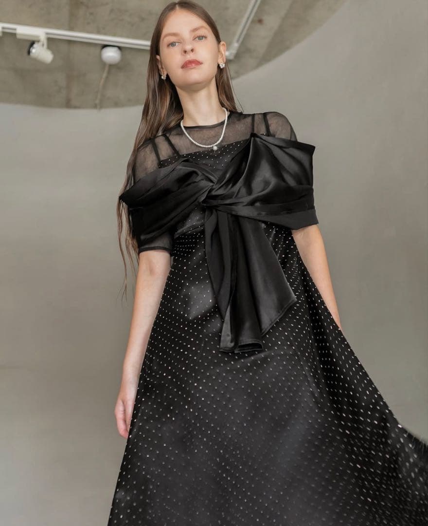 Leja 2WAY フロントリボンボレロストーンドット柄Aラインドレス