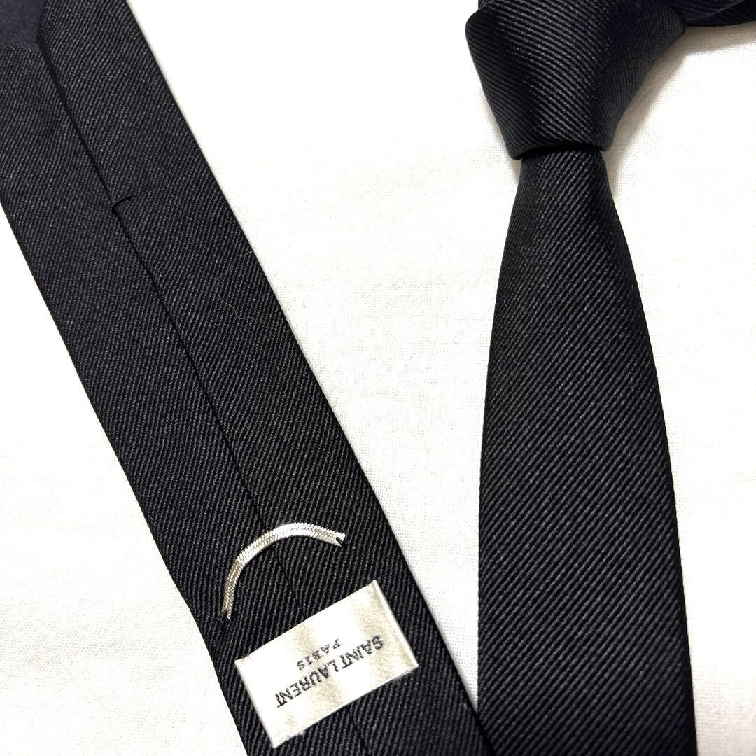 新品 サンローラン ネクタイ 黒ブラック 無地ソリッド ナロータイ タグ