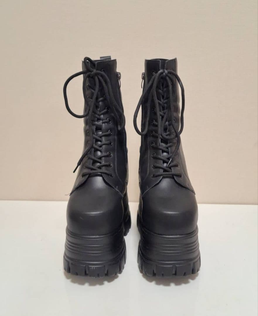 22cmup シークレットシューズ 厚底 ブーツ 22㎝】 シークレットブーツ レースアップショートブーツ ブラック 厚底
