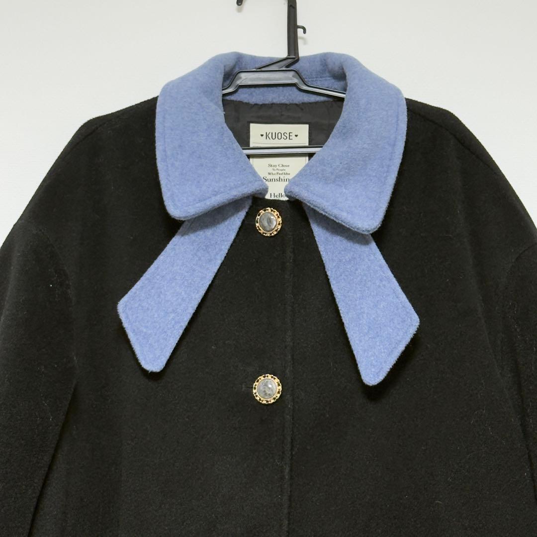 KUOSE ボウカラーコート リボンカラーコート バイカラー S水色 黒 正規